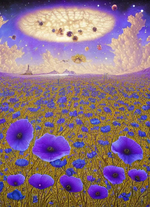 Image similar to detailed, intricate blue black and purple papaverum flower on the field, nebula, galaxy in the sky, winning award masterpiece, fantastically beautiful, illustration, aestheticly inspired, jacek yerka, upscale with anguissola sofonisba work, artstation, 8 k