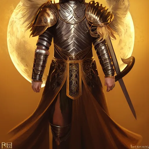 Prompt: Portrait of a beautiful male cleric with long flowing blonde hair wearing burnished bronze armour emblazoned with a swan on the breastplate. Wielding a magical scimitar embossed with the phases of the moon. Magic, bright divine lighting, flux. High fantasy, digital painting, HD, 4k, detailed by Ruan Jia