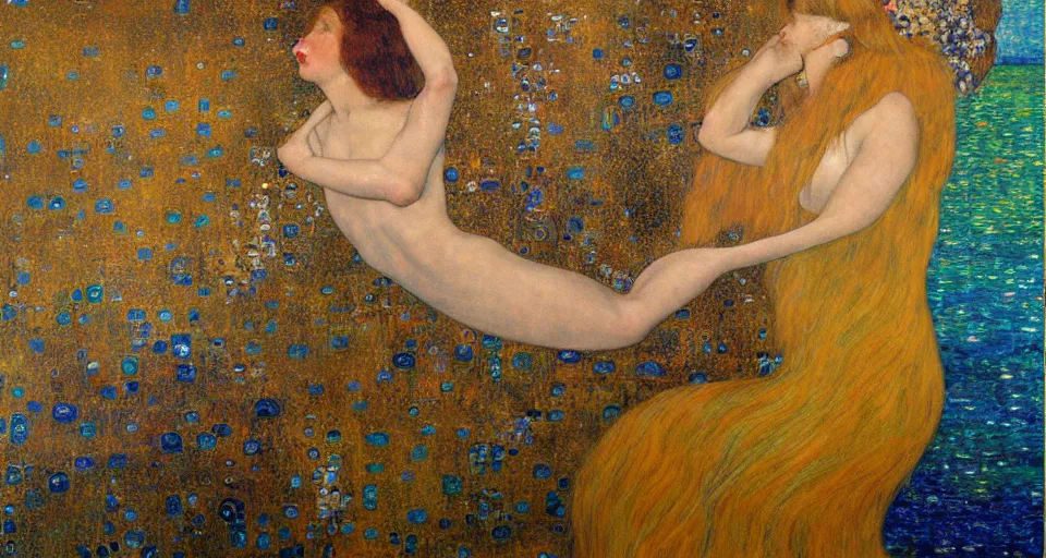 Prompt: oil painting of a mermaid singing on the rock, very beautiful face, terrible storm, realistic, art by Klimt