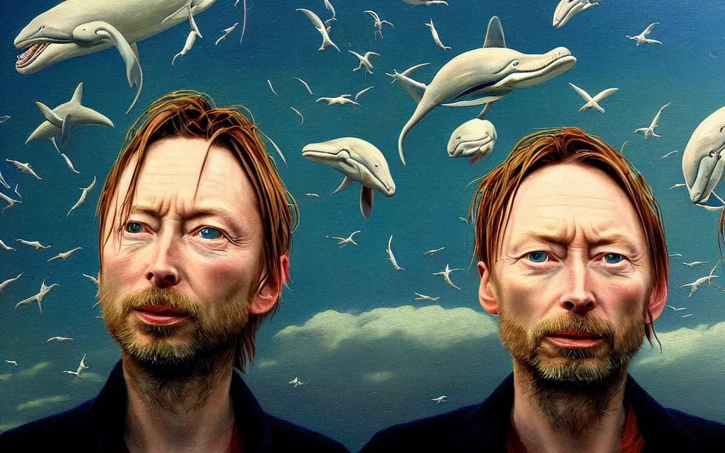 Prompt: close up of thom yorke looking at weird fishes flying in the air at a radiohead concert, whales, dolphins, mantis and swordfishes, painting by james gurney and thomas kinkade and alex ross and james jean, low light, volumetric light, global illumination