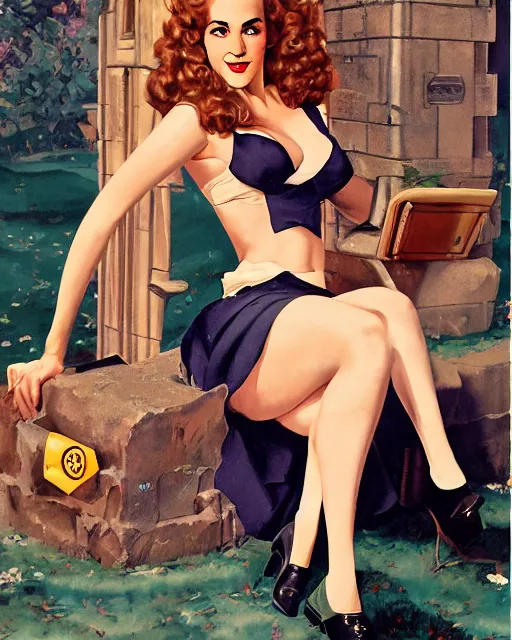 Image similar to pinup photo of hermione granger by emma watson in the crowded square of hogwarts, gil elvgren, enoch bolles, kezie demessance, glossy skin, pearlescent, very coherent, very detailed