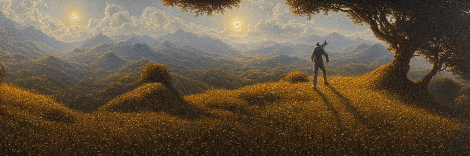 Image similar to ultra realist intricate detailed landscape painting of last man on earth, very intricate details, bokeh focus, 8 k render, by les edwards, award winning