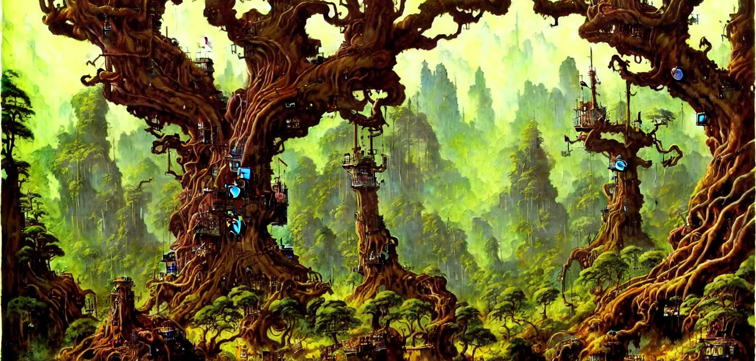 Image similar to exquisite imaginative fantasy landscape lush forests, gnarly trees, with steampunk castles movie poster by : : norman rockwell, sargent, james gurney weta studio, trending on artstation james jean frank frazetta