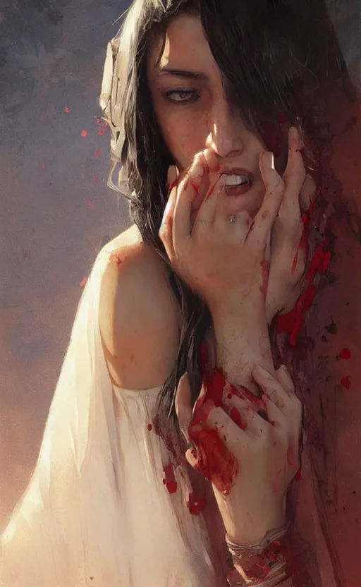 Image similar to The most beautiful arabian girl in the world crying blood ,digital art,ultra realistic,ultra detailed, ultra wide Lens, art by greg rutkowski