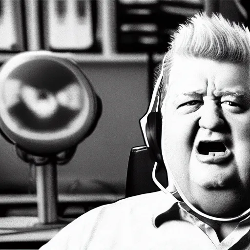 Image similar to obese David Lynch wearing a headset yelling at his monitor while playing WoW highly detailed wide angle lens 10:9 aspect ration award winning photography erasure head