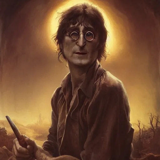 Image similar to john lennon as ritualistic cannibal, ultra realistic, concept art, intricate details, highly detailed, photorealistic, octane render, 8 k, unreal engine, art by frank frazetta, simon bisley, brom