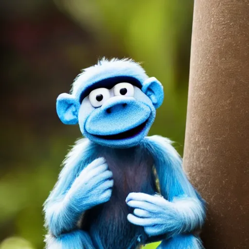 Prompt: A photo of a monkey as a blue muppet, highly detailed