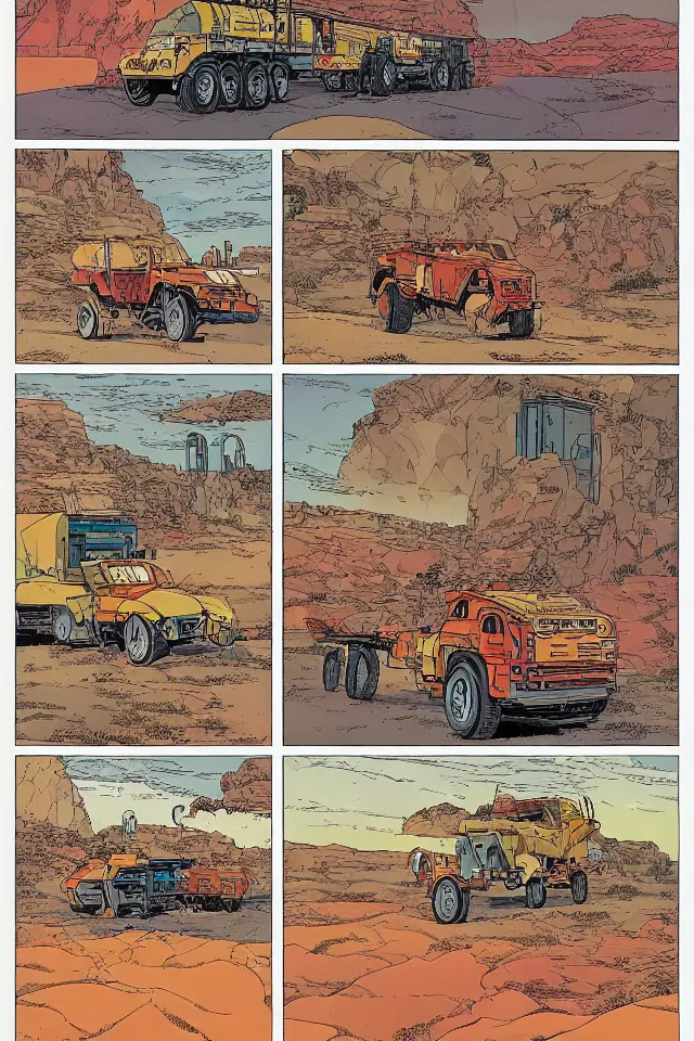 Image similar to colorfull comicpage with panels and speech balloons by Moebius and Jean Giraud showing a futuristic oil truck driving through the desert, airtight garage