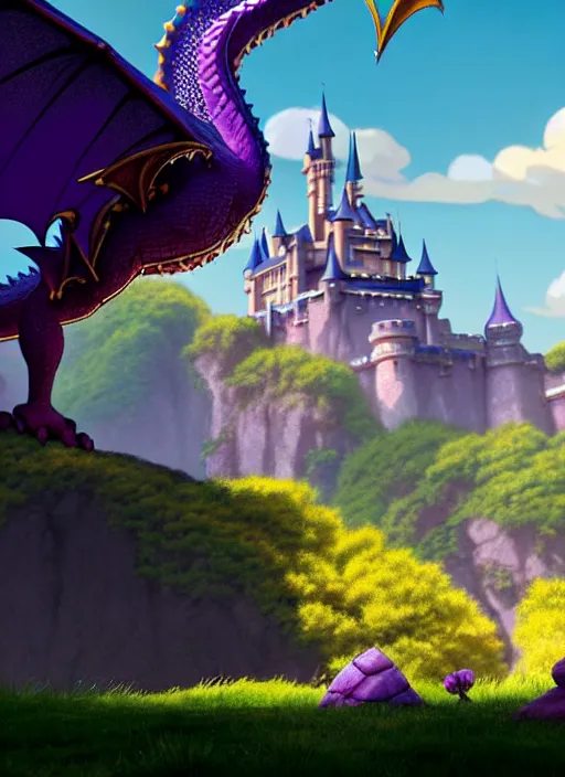 Image similar to a wholesome animation key shot of a purple dragon, castle in the background, studio ghibli, pixar and disney animation, sharp, rendered in unreal engine 5, anime key art by greg rutkowski, bloom, dramatic lighting