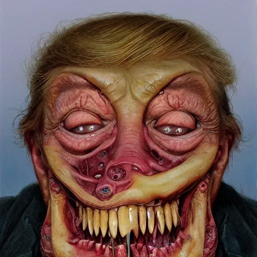 Prompt: a portrait of donald trump's, flesh eating worms, macabre, horror saw teeth, horror rotten teeth, peeling face skin, by donato giancola and greg rutkowski and wayne barlow and zdzisław beksinski, realistic face, visible face, digital art, artstation, symmetry