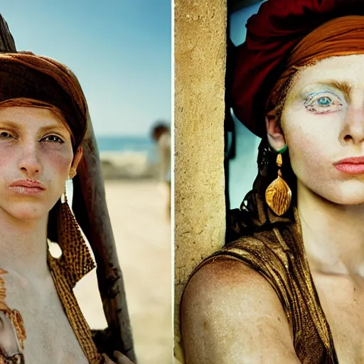 Image similar to Beautiful 17th Century Barbary Coast pirate female models with Ginger hair and Golden hooped earrings photography by Steve McCurry