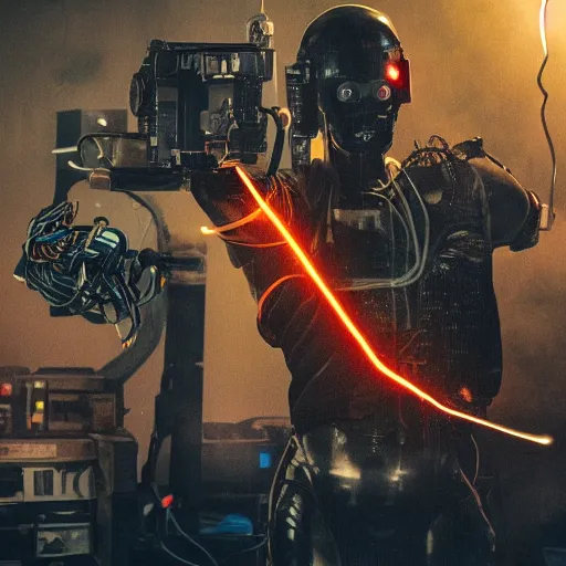 Prompt: cyborg with gatlinger gun hands, tangles of metallic cables, dark messy smoke - filled cluttered workshop, dark, dramatic lighting, orange tint, sparks, plasma charges, cinematic, highly detailed, sci - fi, futuristic, movie still