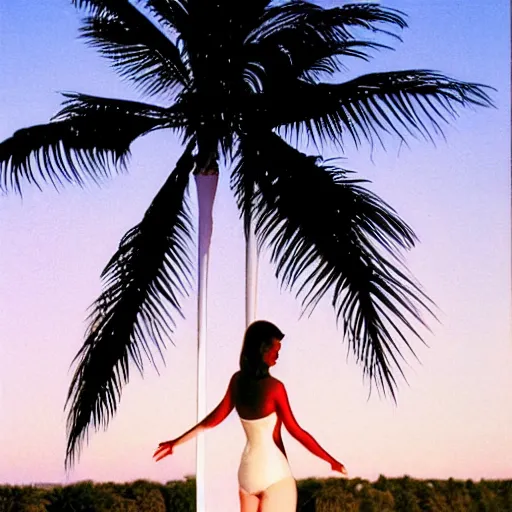 Prompt: nagel artwork 1 9 8 0 s palm tree beautiful woman, light grid in the background, soft haze