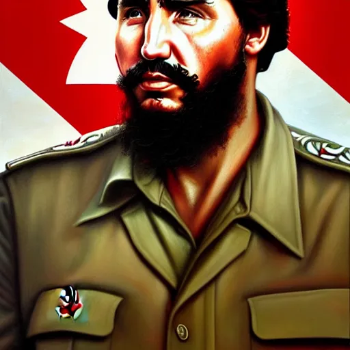 Image similar to epic portrait of justin trudeau as fidel castro havana cuba background detailed digital painting artstation concept art, donato giancola, joseph christian leyendecker, wlop, boris vallejo, breathtaking, high details, extremely detailed, confused face, establishing shot, artistic, hyper realistic, beautiful face, octane render