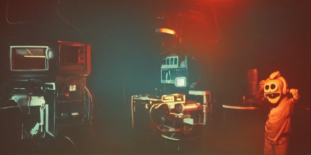 Prompt: a screaming and angry mechanical monster child with a TV monitor for its head, inside of a 1970s science lab, neon lights, dirty, ektachrome photograph, volumetric lighting, f8 aperture, cinematic Eastman 5384 film