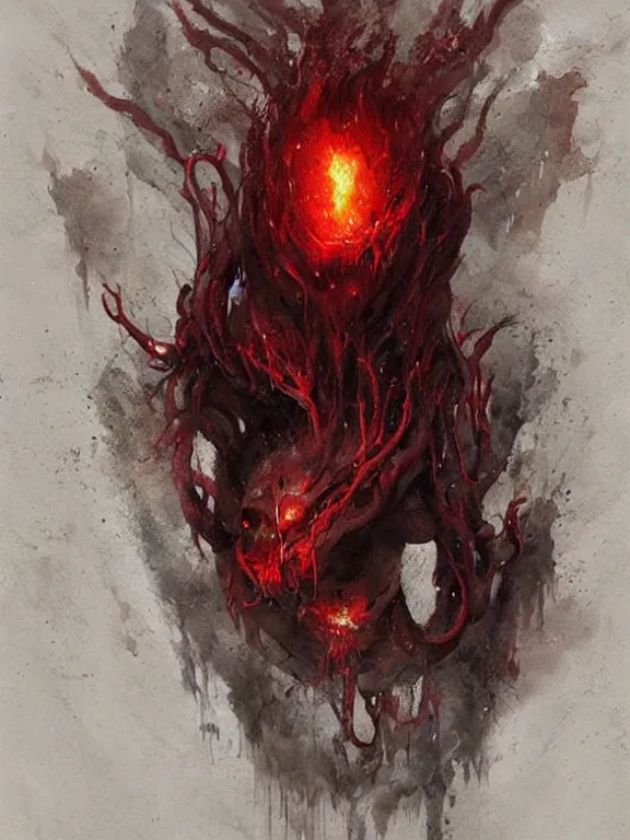 Image similar to painting by greg rutkowski a flying human head with tears running down it's face face that is chalk white in color, with long white!! tentacles!! coming out of the neck, fiery scorching red eyes, flying in a terrying hellish dark cavernous place