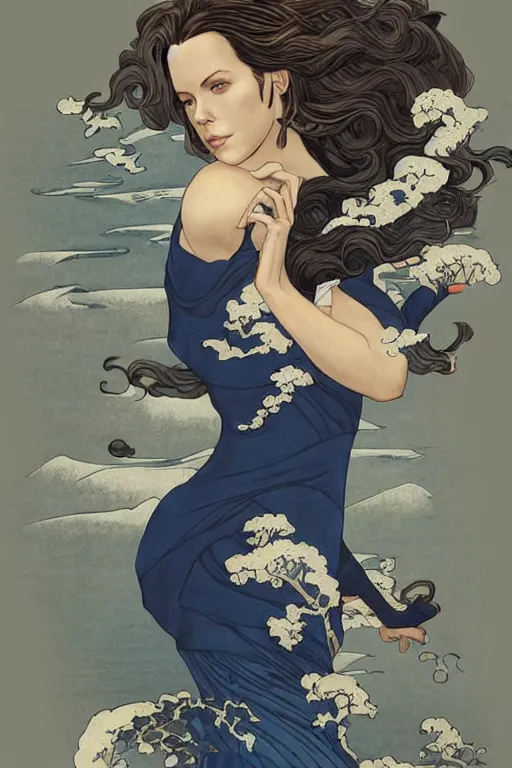 Image similar to kate beckinsdale as a heroine with a dress inspired by the great wave off kanagawa by Hokusai, digital painting, artstation, concept art, smooth, sharp focus, illustration, art by artgerm and donato giancola and Joseph Christian Leyendecker, Ross Tran, WLOP