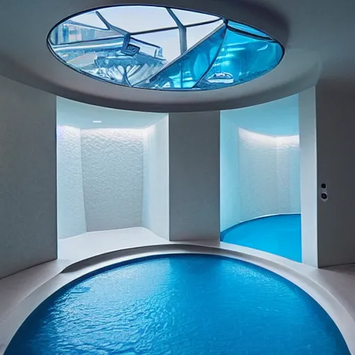 Image similar to curved futuristic room interior with spongy walls. there is a swimming pool on the floor