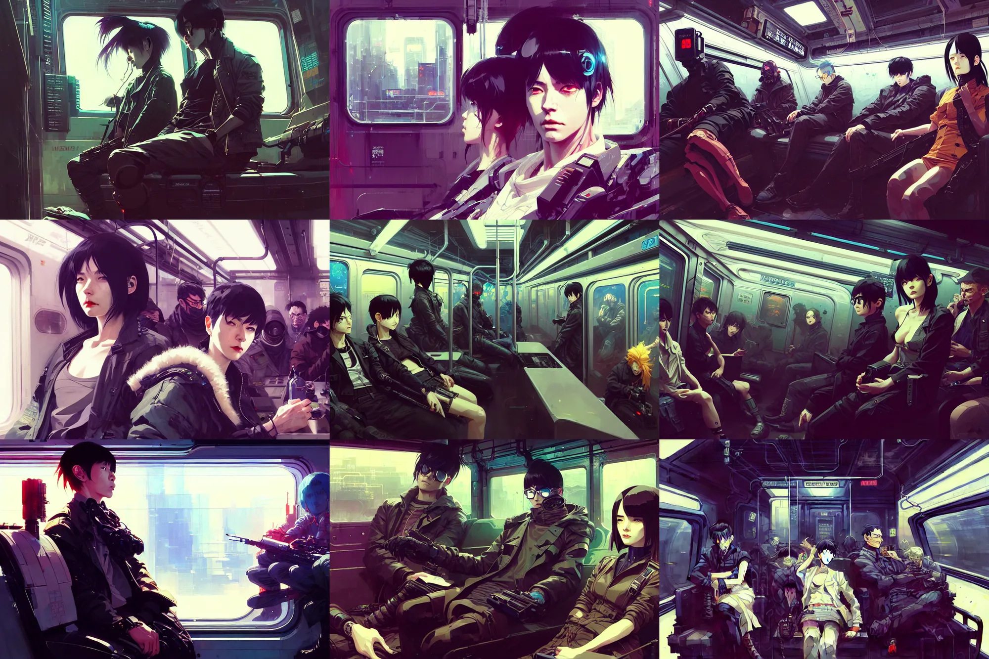 Prompt: hyper - realistic cyberpunk portrait of subway car interior, extreme detail, in style of ilya kuvshinov, pan ren wei, yoji shinkawa, atey ghailan, by greg rutkowski, by greg tocchini, by james gilleard, by joe fenton, by kaethe butcher, anime aesthetic