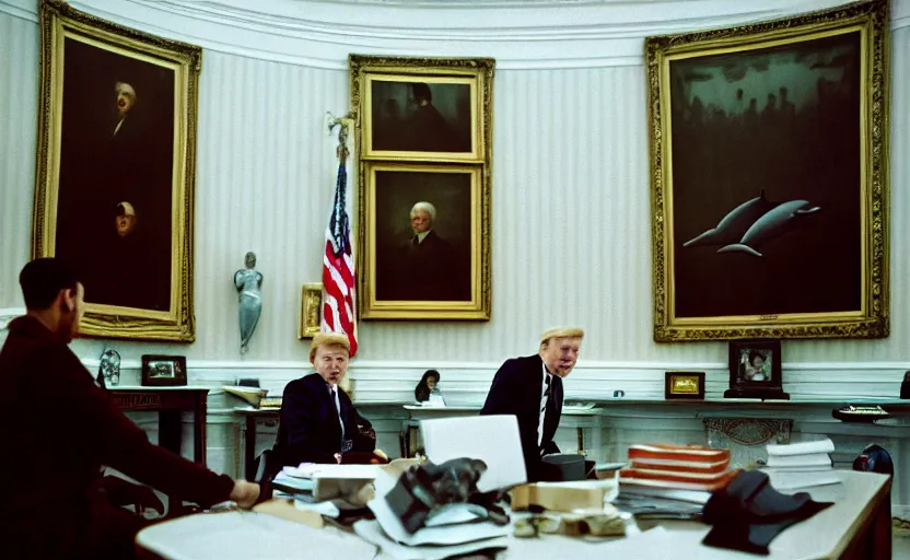 Image similar to cinestill 5 0 d candid photographic portrait by helen levitt of a dolphin being president in the oval office moody emotional cinematic, white pale concrete city, dust storm, 8 k, hd, high resolution, 3 5 mm, f / 3 2, ultra realistic faces, ex machina