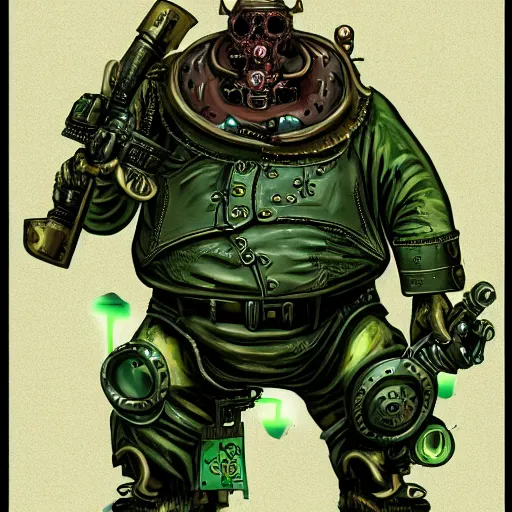 Prompt: highly detailed steampunk portrait of a morbid obese undead heavy soldier with heavy machine guns, rusty, green radioactive glow, toxic waste, wastelands