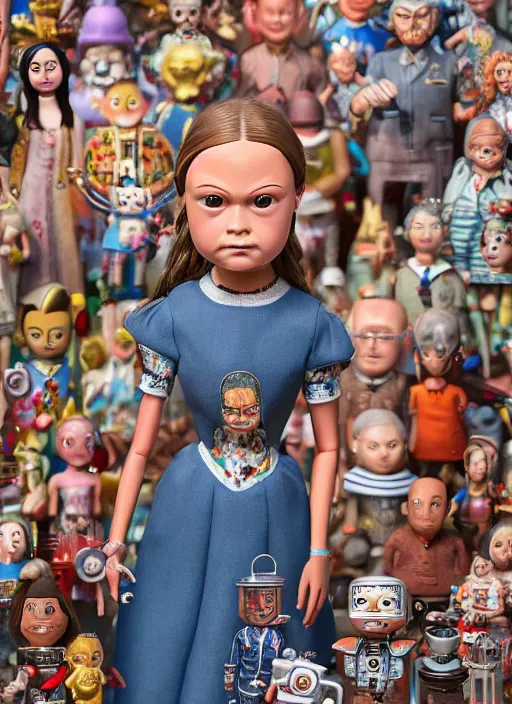 Image similar to closeup portrait of a tin toy greta thunberg, depth of field, zeiss lens, detailed, symmetrical, centered, fashion photoshoot, by nicoletta ceccoli, mark ryden, lostfish, earl nore, hyung tae, frank frazetta, breathtaking, 8 k resolution, extremely detailed, beautiful, establishing shot, artistic, hyperrealistic, octane render