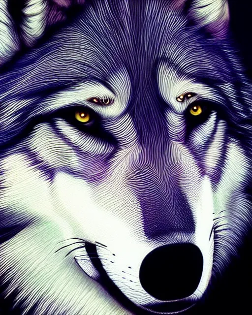 Image similar to realistic paining of a wolf, psychedelic, dark art, facing camera, photo realistic, detailed, 1 4 5 0, delicate, hyper realism, ultra realistic, 8 k