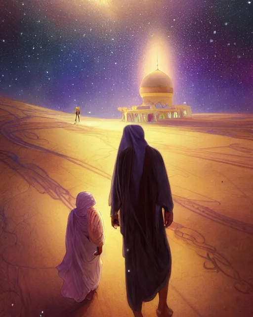 Image similar to bedouin man and woman and child in galaxy walking towards mosque surrounded by nebula, highly detailed, gold filigree, romantic storybook fantasy, soft cinematic lighting, award, disney concept art watercolor illustration by mandy jurgens and alphonse mucha and alena aenami, pastel color palette, featured on artstation