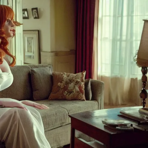 Image similar to amazing beautiful Christina Hendricks with mouth wide open in the living room, film still from the movie directed by Denis Villeneuve , wide lens