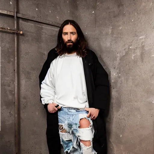 Image similar to a full body lookbook studio photo portrait of modern - day jesus wearing virgil abloh off - white menswear and sneaker collection, detailed, oil painting, hyper - realistic, 8 k, off - white collection