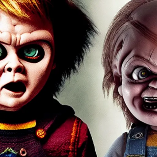 Image similar to screaming chucky doll and emma watson in new harry potter movie, poster