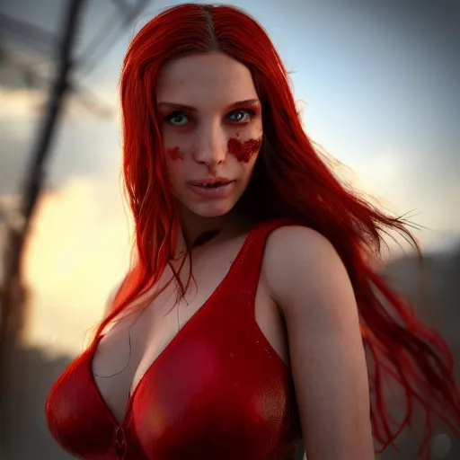 Image similar to nymph render of very beautiful 3d scarlet witch, long hair, hazel eyes, cute freckles, full round face, short smile, golden hour, apocalyptic setting, medium shot, mid-shot, highly detailed, trending on Artstation, Unreal Engine 4k