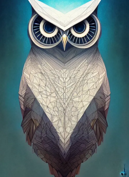 Image similar to portrait of a geometric owl, identical eyes, medium shot, illustration, full body made of white feathers, symmetrical, art stand, super detailed, cinematic lighting, and its detailed and intricate, gorgeous, by peter mohrbacher