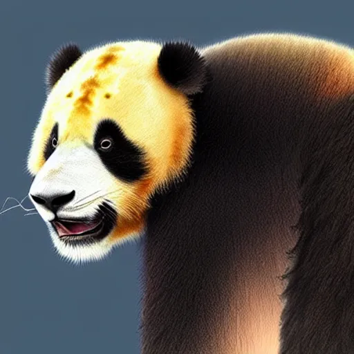 Image similar to profile view of cute fluffy baby panda with long colorful flowing lion mane blowing in the wind with mohawk top hairstyle hybrid animal detailed painting 4 k