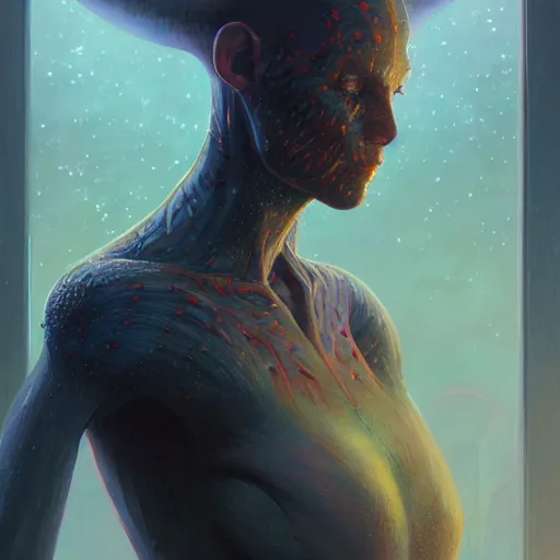 Image similar to highly detailed portrait from a male alien, stephen bliss, unreal engine, fantasy art by greg rutkowski, loish, rhads, ferdinand knab, makoto shinkai and lois van baarle, ilya kuvshinov, rossdraws, tom bagshaw, global illumination, radiant light, detailed and intricate environment