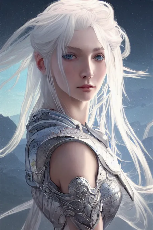 Image similar to portrait white hair knights of Zodiac girl, Sliver ice color reflected armor, in ruined Agora of Athens Sunrise, ssci-fi and fantasy, intricate and very very beautiful and elegant, highly detailed, digital painting, artstation, concept art, smooth and sharp focus, illustration, art by tian zi and WLOP and alphonse mucha