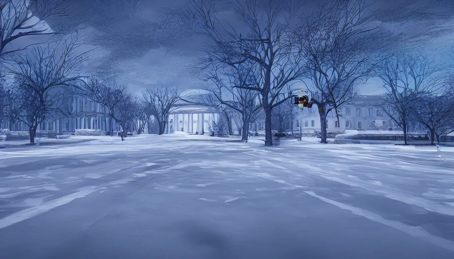 Prompt: empty snowy streets of washington dc, white house, snow dunes, hyperdetailed, artstation, cgsociety, 8 k