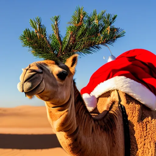 Image similar to camel in a hat on a Christmas tree, in the paw of coca cola, in the desert