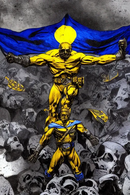 Prompt: A distant front view shot of a super soldier with blue and yellow flag in his hand while he is standing on a huge pile of skulls in triumphal rage after the war, head is up, flag in hands up, dark atmosphere, nuclear war, bright rays of light, beams of light, intricate, volumetric lighting, volumetric lights, highly detailed, smooth, artstation, concept art, сinematic lighting, insanely detailed, smooth, sharp focus, Artstation, 8k, unreal engine, hyper realistic, steampunk style, bright background, moonlight, volumetric lighting, wallpaper, digital illustration by Ruan Jia and Mandy Jurgens and Artgerm and Wayne Barlowe and Greg Rutkowski and Frank Frazetta