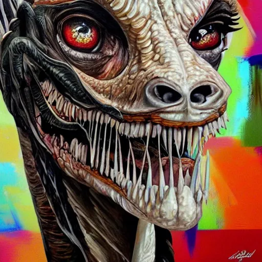 Prompt: portrait painting of velociraptor Jesus by Chevrier Sandra, hyperdetailed