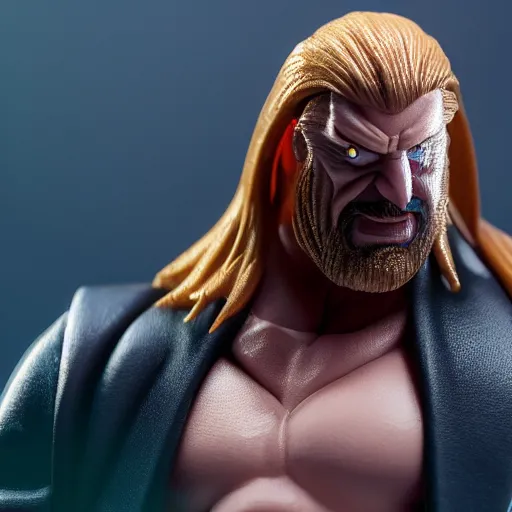 Image similar to Head-to-shoulder shot of a Triple H vinyl figure as a villain, 3d, high quality, depth of field, high contrast, 8k, concept art