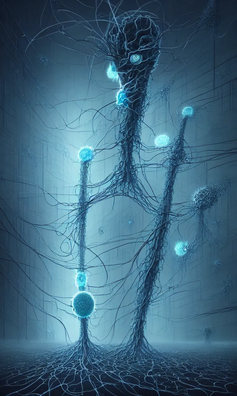 Image similar to internal lymphocyte virion rawandrendered synaptic fractality transmission embryonic beholder glial neurons cyberpunk nerve cells microscopic plankton by wojtekfus facey rossdraws. neuronal megacity neurone synapse by beksinski. # imaginativerealism