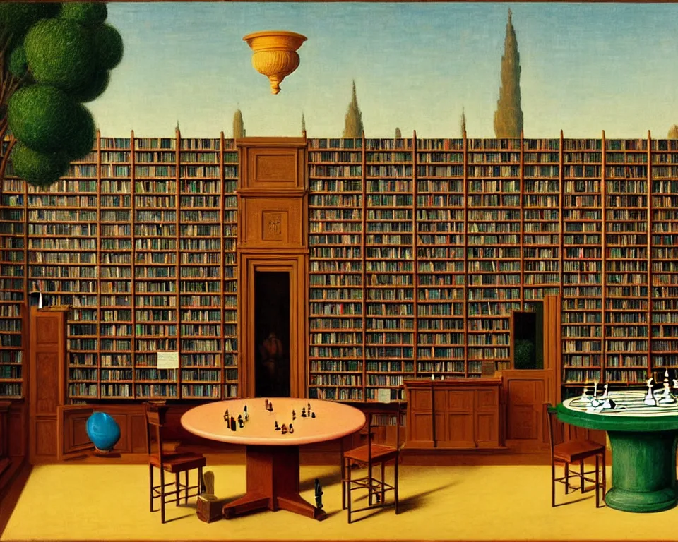 Prompt: an achingly beautiful print of a library teeming with vibrant books, classical antiquities, and potted plants. Featuring a modernist chess-set on a round table by Raphael, Hopper, and Rene Magritte. detailed, romantic, enchanting, trending on artstation.