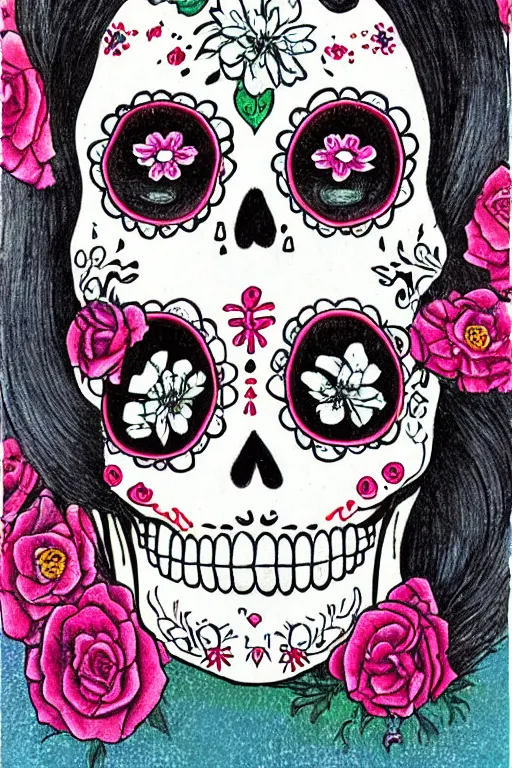 Prompt: Illustration of a sugar skull day of the dead girl, art by Tsuguharu Fujita