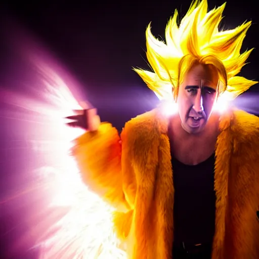 Image similar to uhd candid photo of cosmic nicholas cage impersonator as a super sayian powering up, glowing, global illumination, studio lighting, radiant light, hyperdetailed, correct face, elaborate intricate costume. photo by annie leibowitz