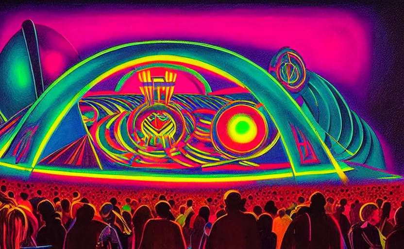 Prompt: geometric neon painting of tomorrowland by hieronymus bosch