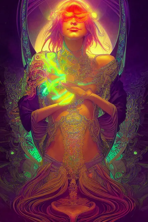 Prompt: psychedelic acid trip, blacklight reactive, [[sexy]], fantasy, intricate, elegant, highly detailed, digital painting, artstation, concept art, matte, sharp focus, illustration, art by Artgerm and Greg Rutkowski and Alphonse Mucha