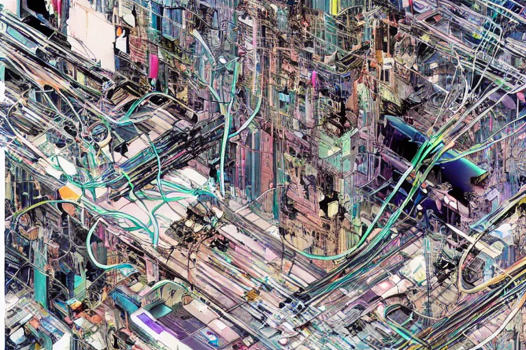Prompt: an extremely beautiful cyberpunk illustration of parts of female androids' bodies scattered across an empty white background with cables and wires coming out, by katsuhiro otomo and masamune shirow, hyper-detailed, colorful, bird view