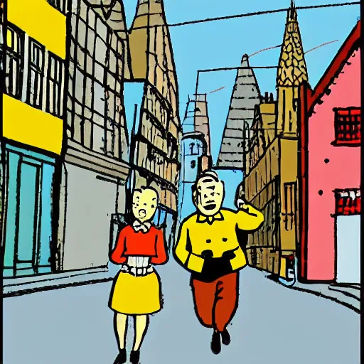 Prompt: tintin and snowy in a belgian 1 9 5 0 s street, drawn by herge in a ligne claire style with simple lines and bold colours