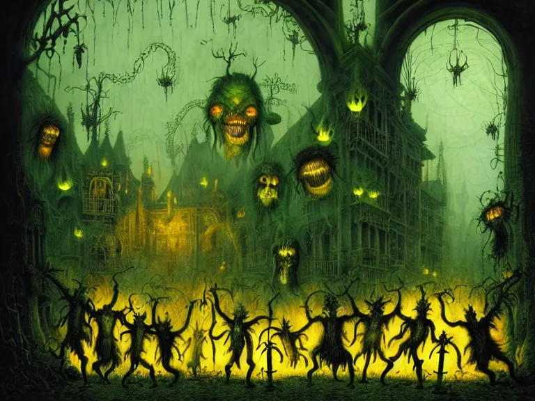 Prompt: hellspawn demons greeting souls of sinners by wendy froud and laurie lipton and guido borelli da caluso and ed valigursky and hubert robert and gillis rombouts, hyperrealism, high contrast, low light, vibrant color, psychedelic, green mist, blue cobblestones, orange demons, yellow lanterns